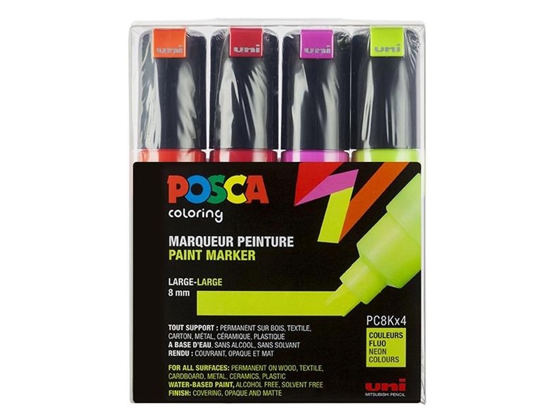PoscaMarkers | Pc-8K | Broad Chisel Tip | Fluorescent Colours | Set Of 4