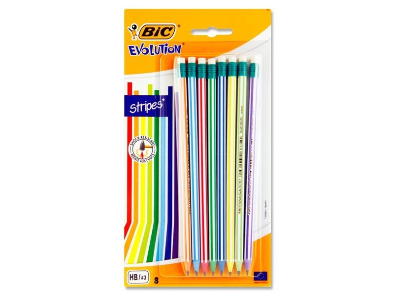 BIC Card 8 Asst Evolution Pencils & Erasers Hb - Stripes