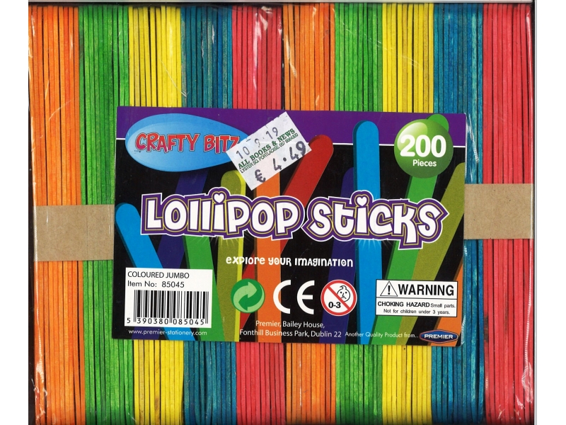 Lolli-pop Sticks Jumbo Assorted Colours 200 Pack