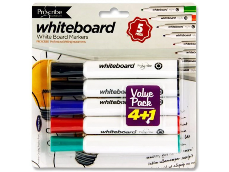 Proscribe Whiteboard Markers - Pkt. 5 Assorted Colours