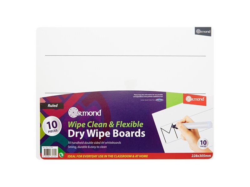 Ormond Multipack x10 228x305mm Dry Wipe Boards - Wide Ruled